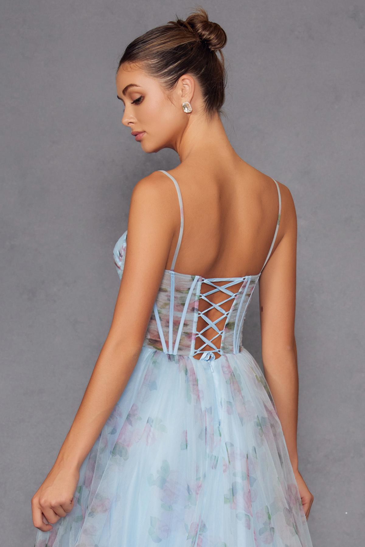 Juliet JT2562S Floral Print Strapless A-Line Tulle Gown by DiscountDressShop