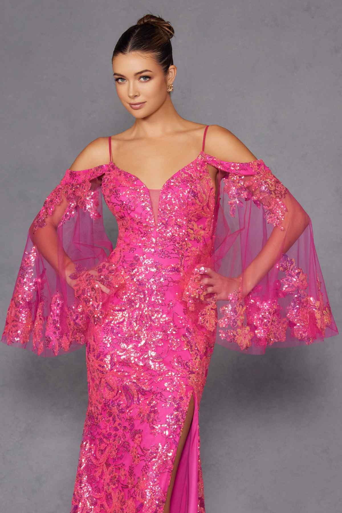 Juliet JT2564U Long Sleeve Cold Shoulder Fitted Sequin Gown by DiscountDressShop