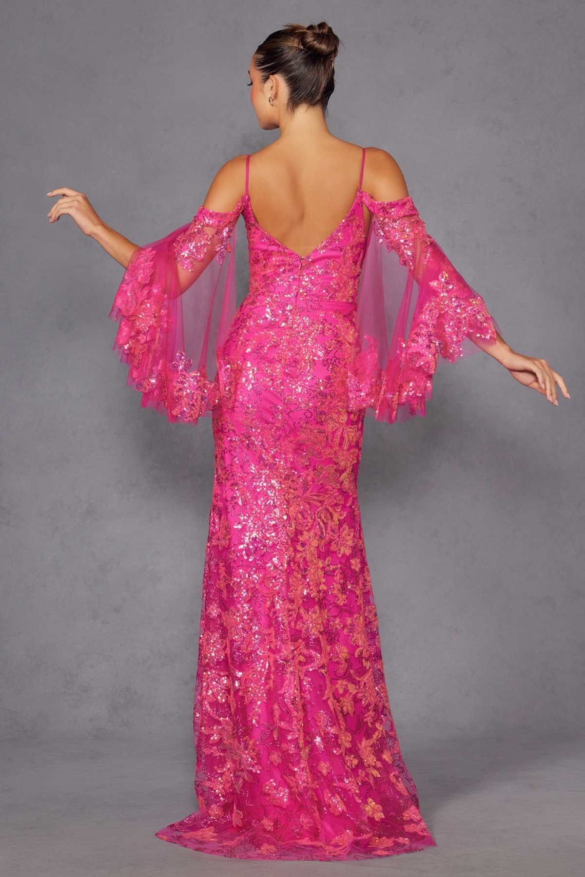 Juliet JT2564U Long Sleeve Cold Shoulder Fitted Sequin Gown by DiscountDressShop