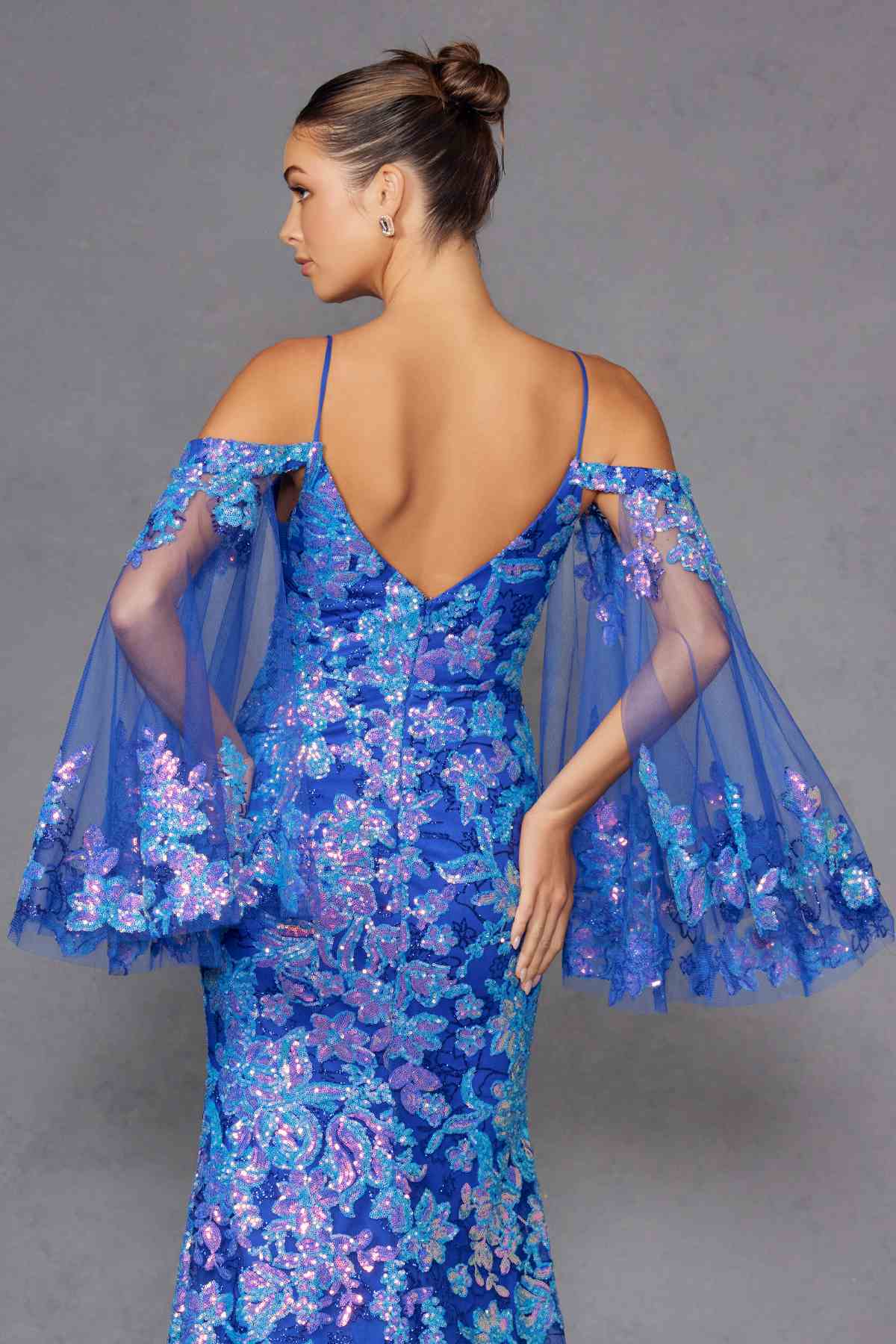 Juliet JT2564U Long Sleeve Cold Shoulder Fitted Sequin Gown by DiscountDressShop