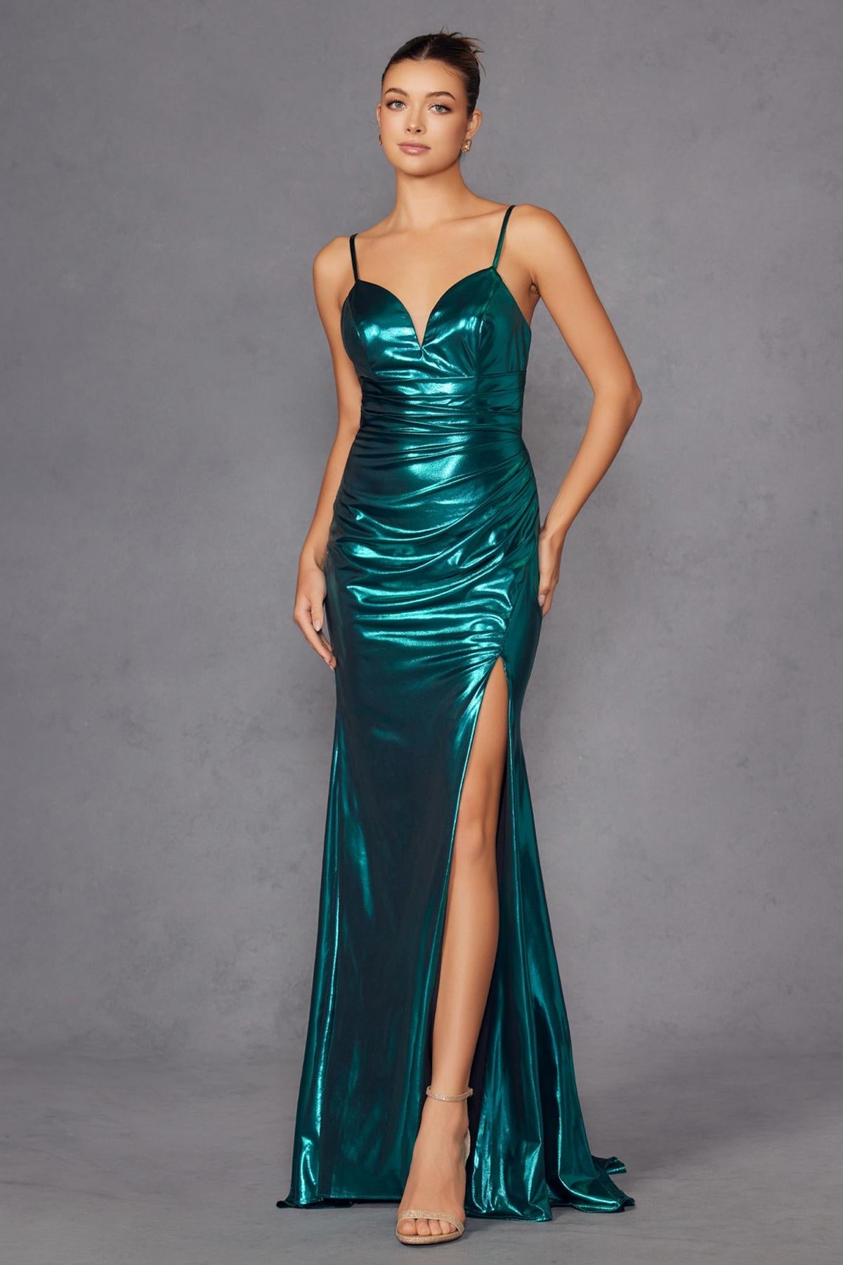 Juliet JT2567U Metallic Fitted Evening Gown by DiscountDressShop