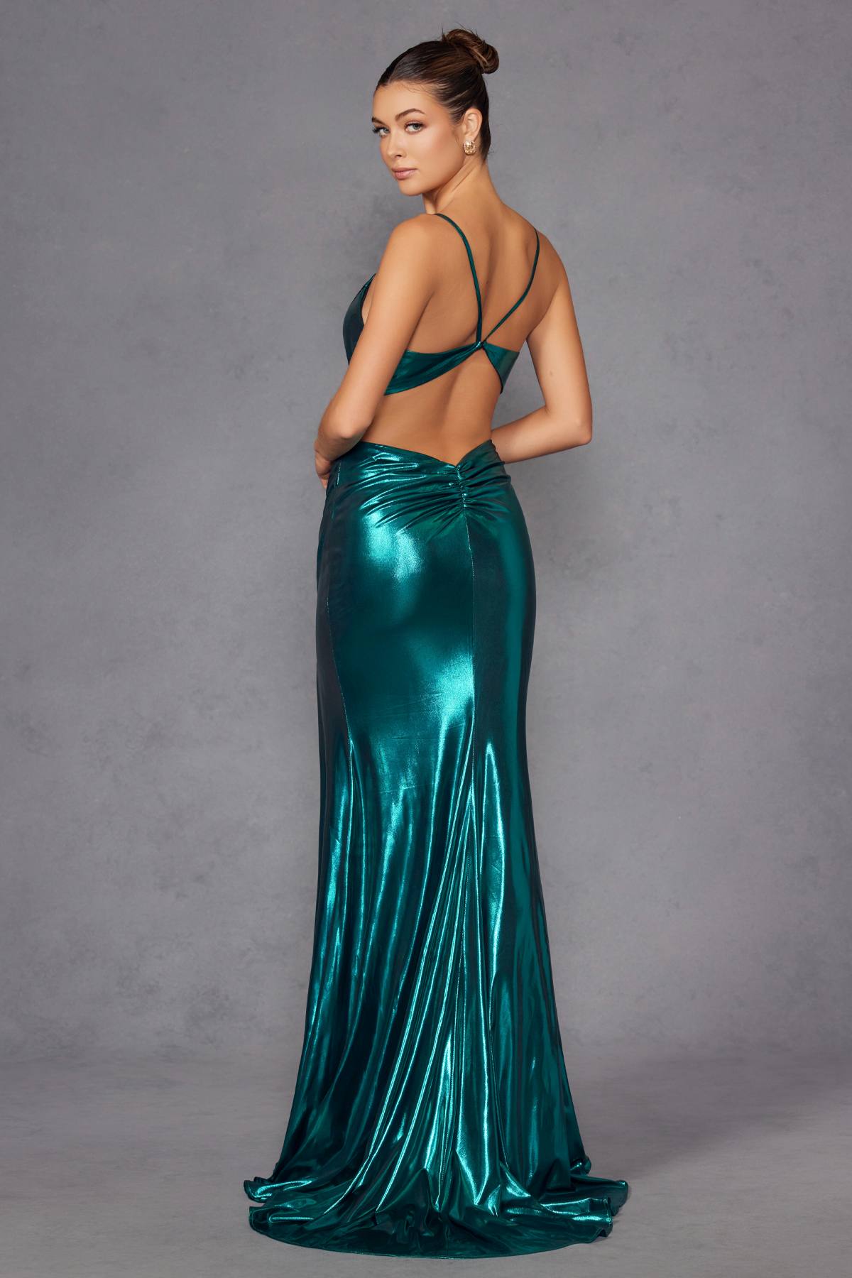 Juliet JT2567U Metallic Fitted Evening Gown by DiscountDressShop