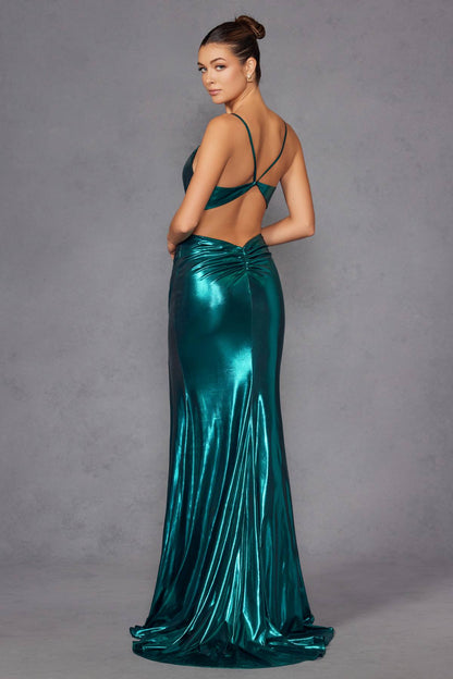 Juliet JT2567U Metallic Fitted Evening Gown by DiscountDressShop