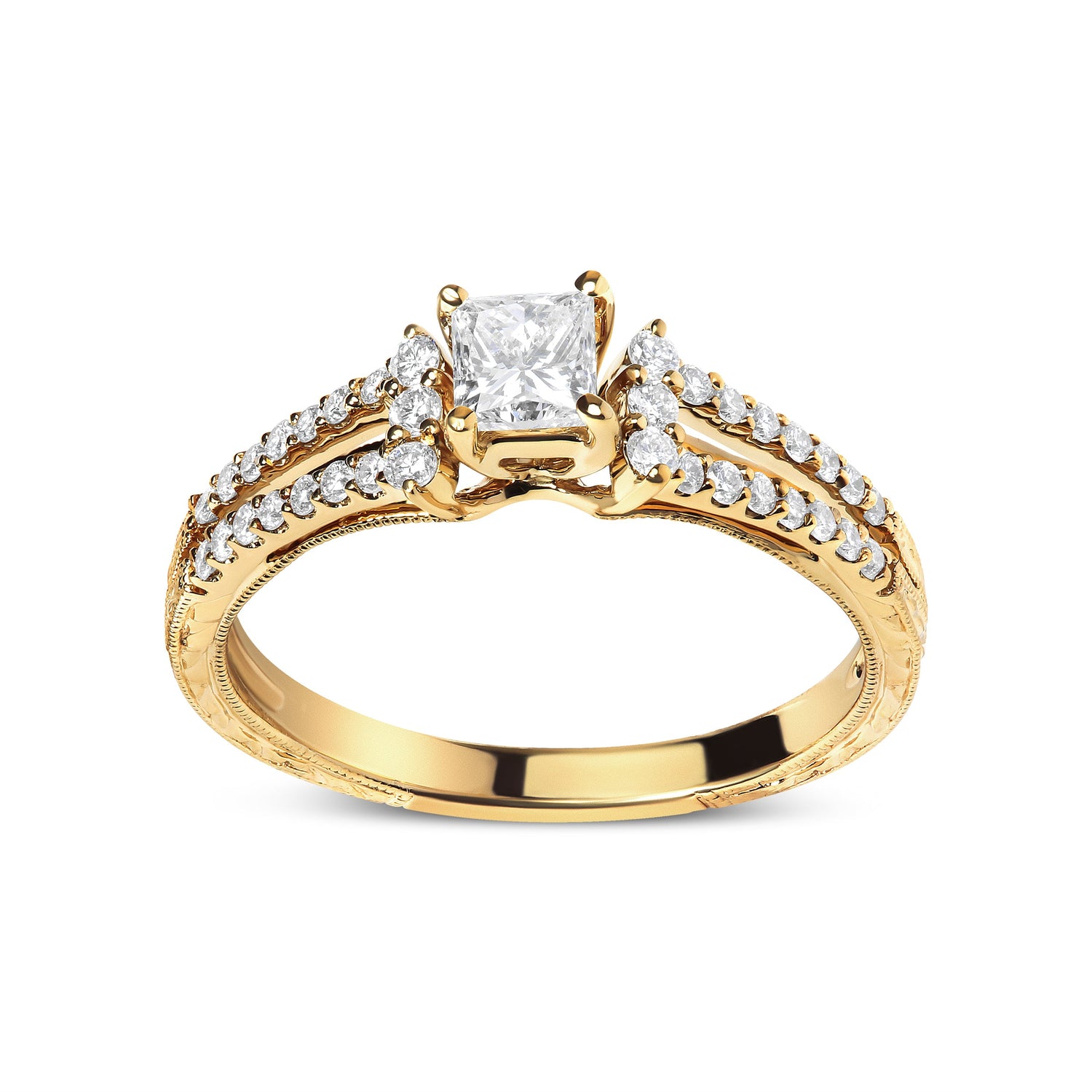 14K Yellow Gold Diamond 5/8 Cttw Princess Diamond Split Shank and Milgrain Engagement Ring (G-H Color, VS2-SI1 Clarity) - Size 7 by Bids.com