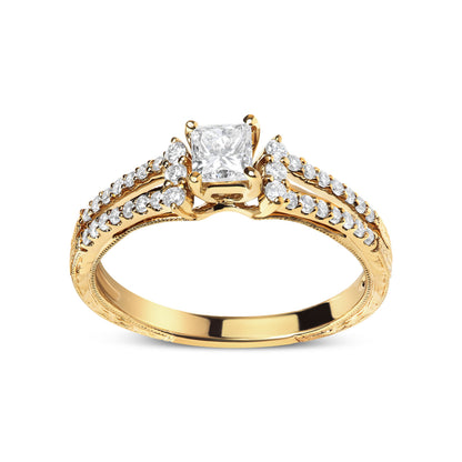 14K Yellow Gold Diamond 5/8 Cttw Princess Diamond Split Shank and Milgrain Engagement Ring (G-H Color, VS2-SI1 Clarity) - Size 7 by Bids.com