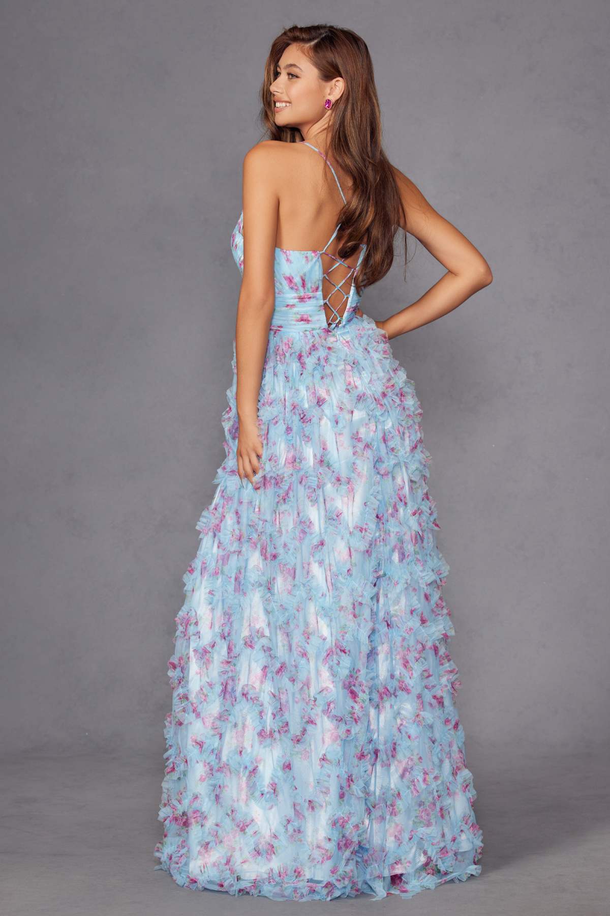 Juliet JT2572U Long Ruffled Layered Skirt Print Formal Gown by DiscountDressShop