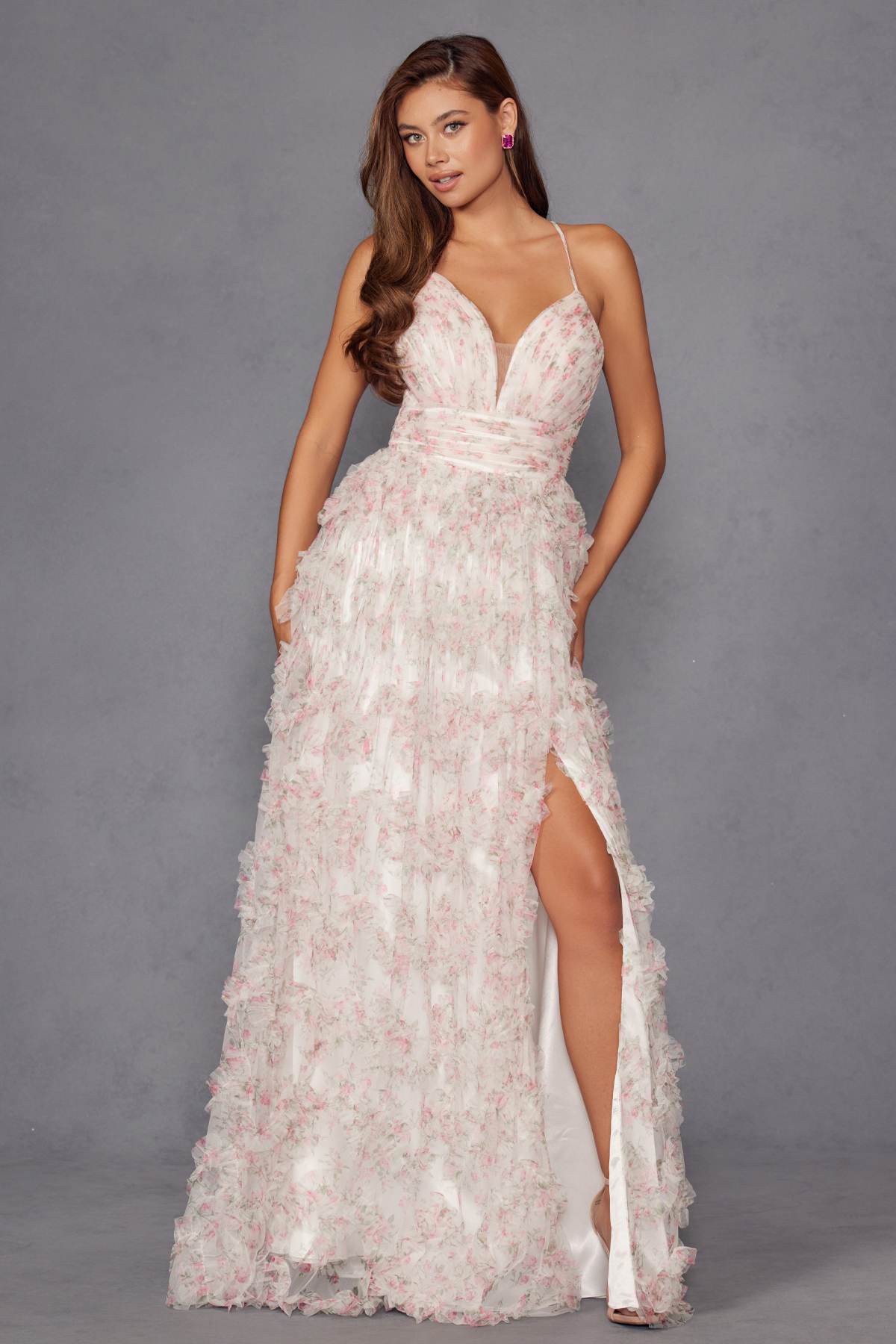 Juliet JT2572U Long Ruffled Layered Skirt Print Formal Gown by DiscountDressShop