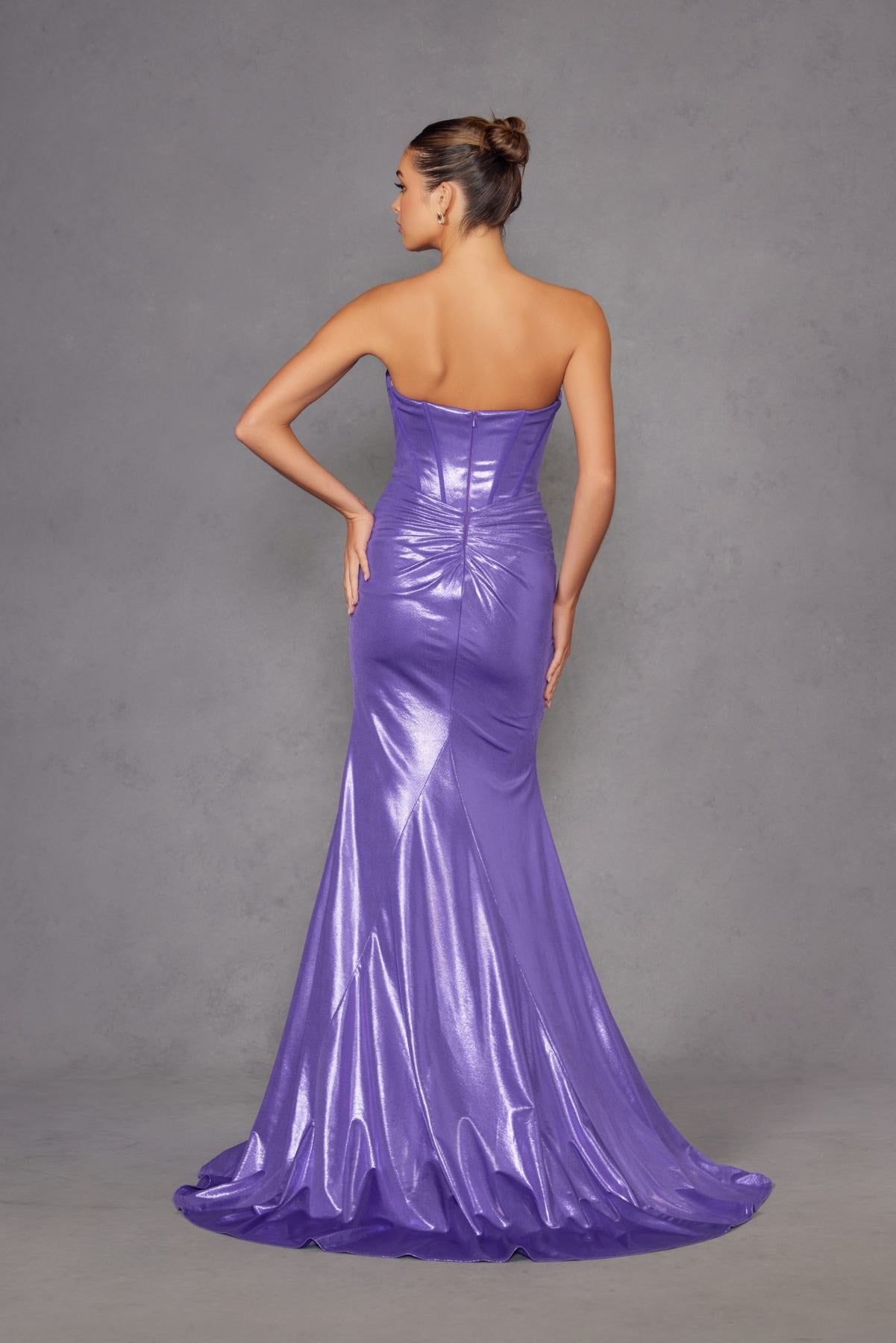 Juliet JT2578H Long Sweetheart Strapless Fitted Metallic Prom Gown by DiscountDressShop