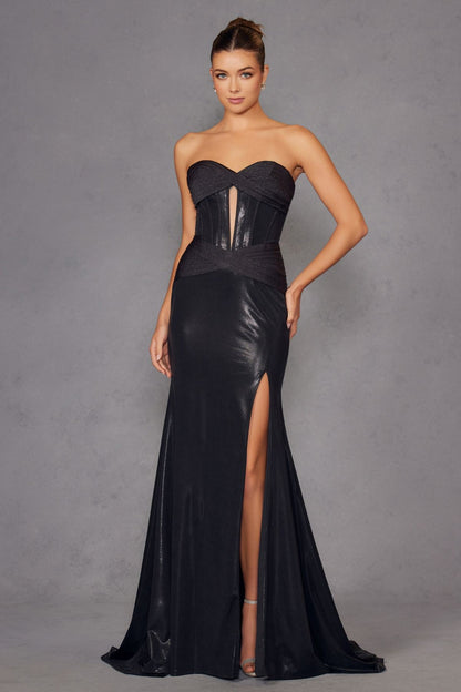 Juliet JT2578H Long Sweetheart Strapless Fitted Metallic Prom Gown by DiscountDressShop