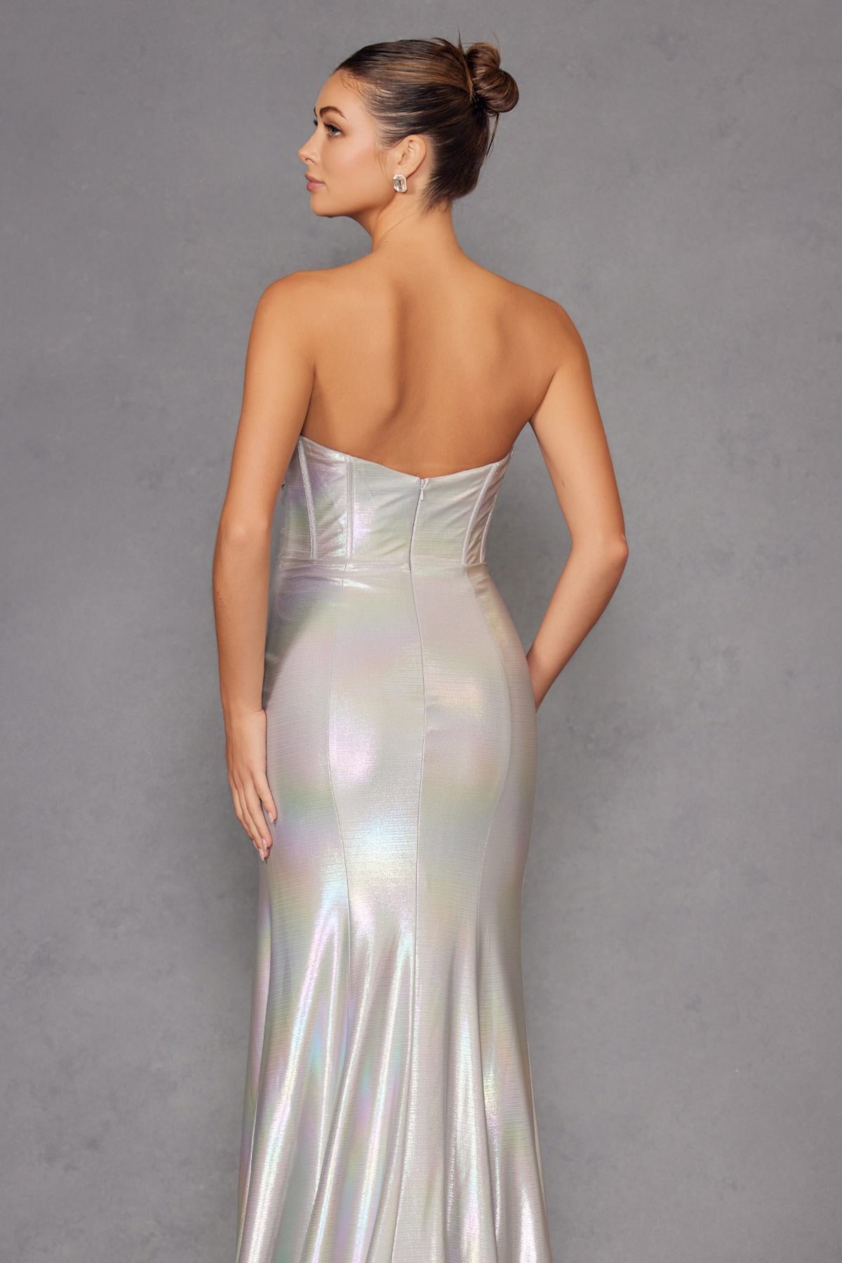Juliet JT2579H Strapless Sweetheart Iridescent Prom Gown by DiscountDressShop
