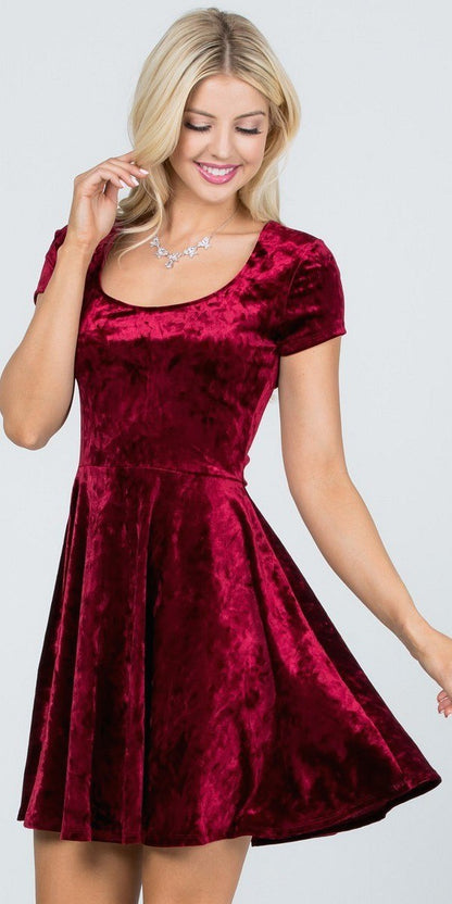 CLEARANCE - La Scala 25821 Crushed Velvet Short Sleeve Red Skater Dress (Size XL) by DiscountDressShop