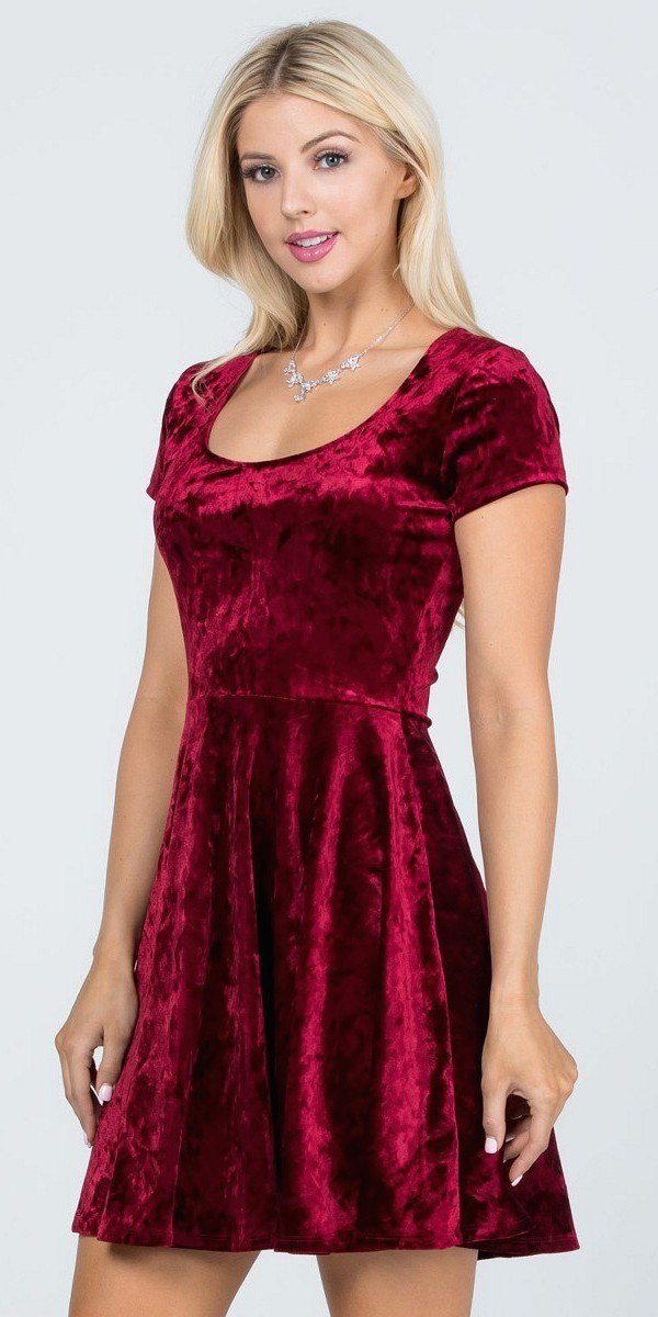 CLEARANCE - La Scala 25821 Crushed Velvet Short Sleeve Red Skater Dress (Size XL) by DiscountDressShop