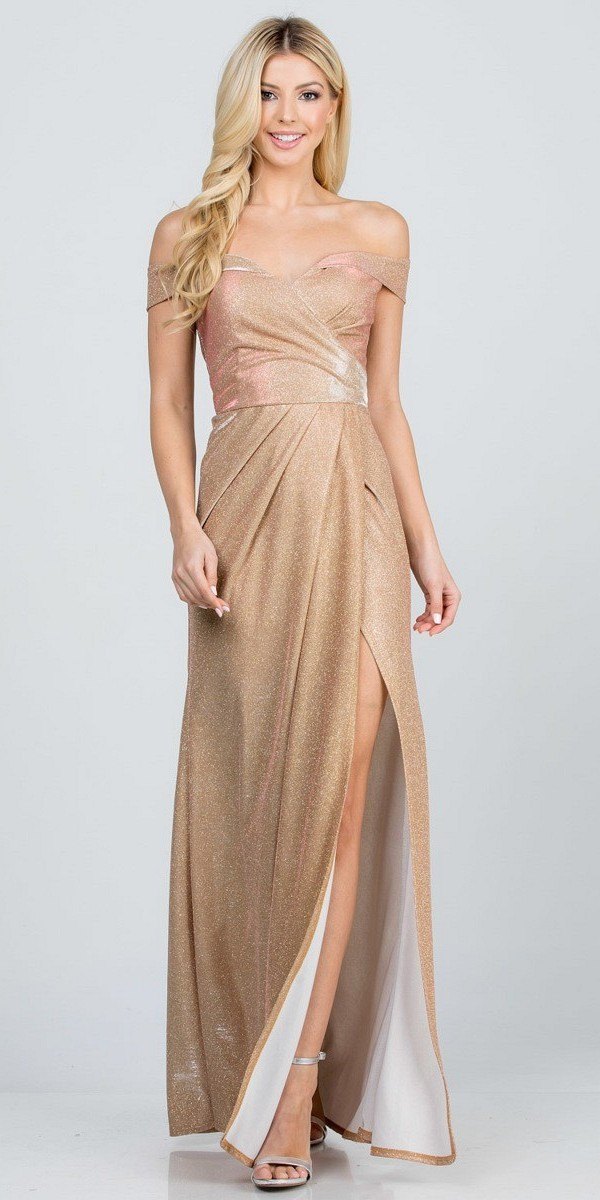 CLEARANCE - La Scala 25854 Off The Shoulder Glittery Jacquard Gathered Gown (Size L) by DiscountDressShop