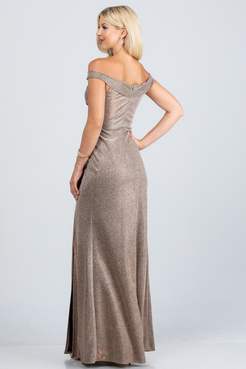 CLEARANCE - La Scala 25854 Off The Shoulder Glittery Jacquard Gathered Gown (Size L) by DiscountDressShop