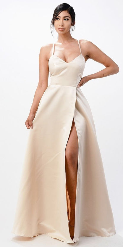 CLEARANCE - La Scala 25895 Open Side Back Spaghetti Tie Stretch Satin Gown (Size XL) by DiscountDressShop