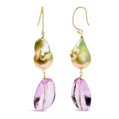 14K Yellow Gold Amethyst and Baroque Pearl Drop and Dangle Earrings 2" Inch Dangle Length by Bids.com