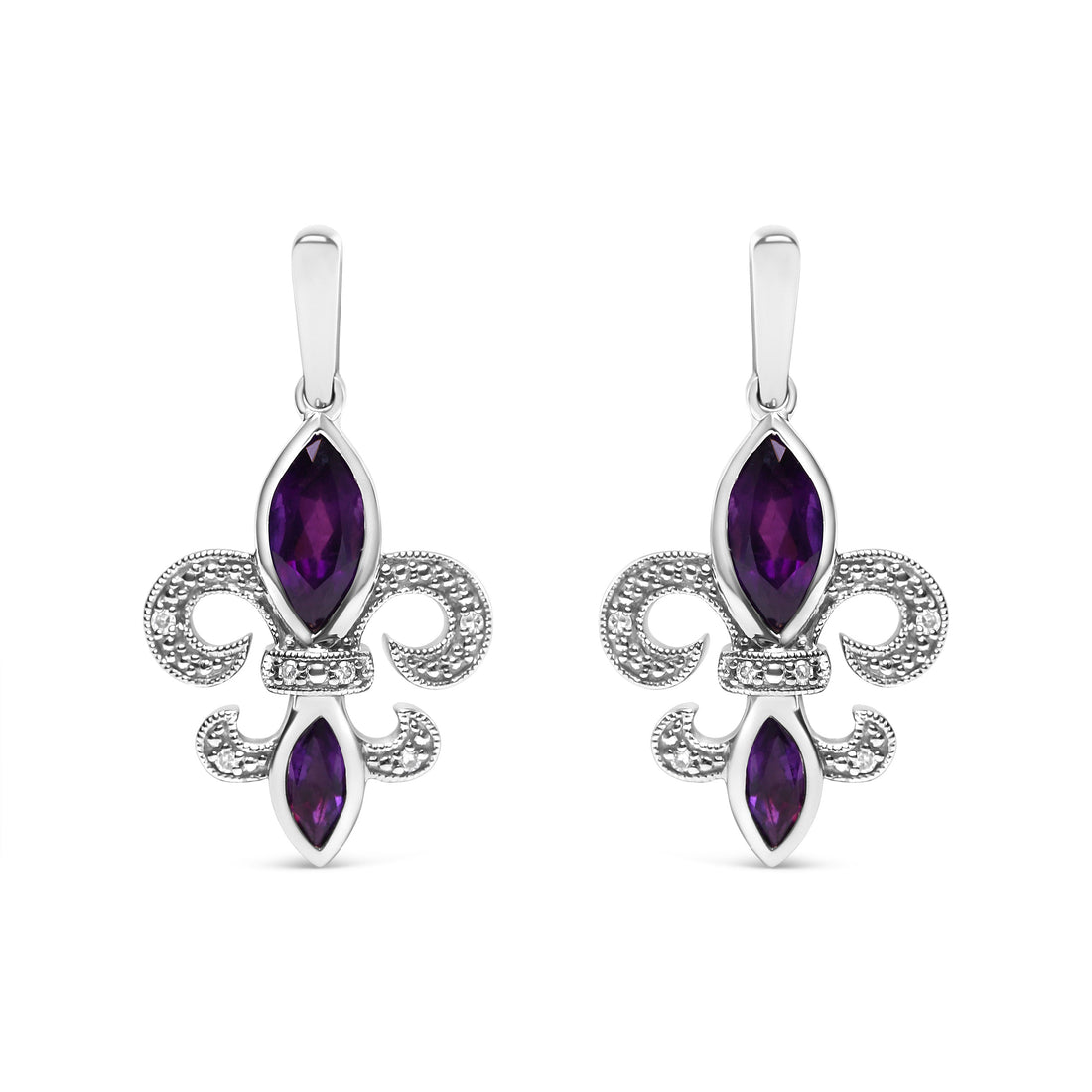 .925 Sterling Silver Marquise Cut Amethyst and Diamond Accent Fleur De Lis Dangle Stud Earrings (H-I Color, SI1-SI2 Clarity)  DestGlow