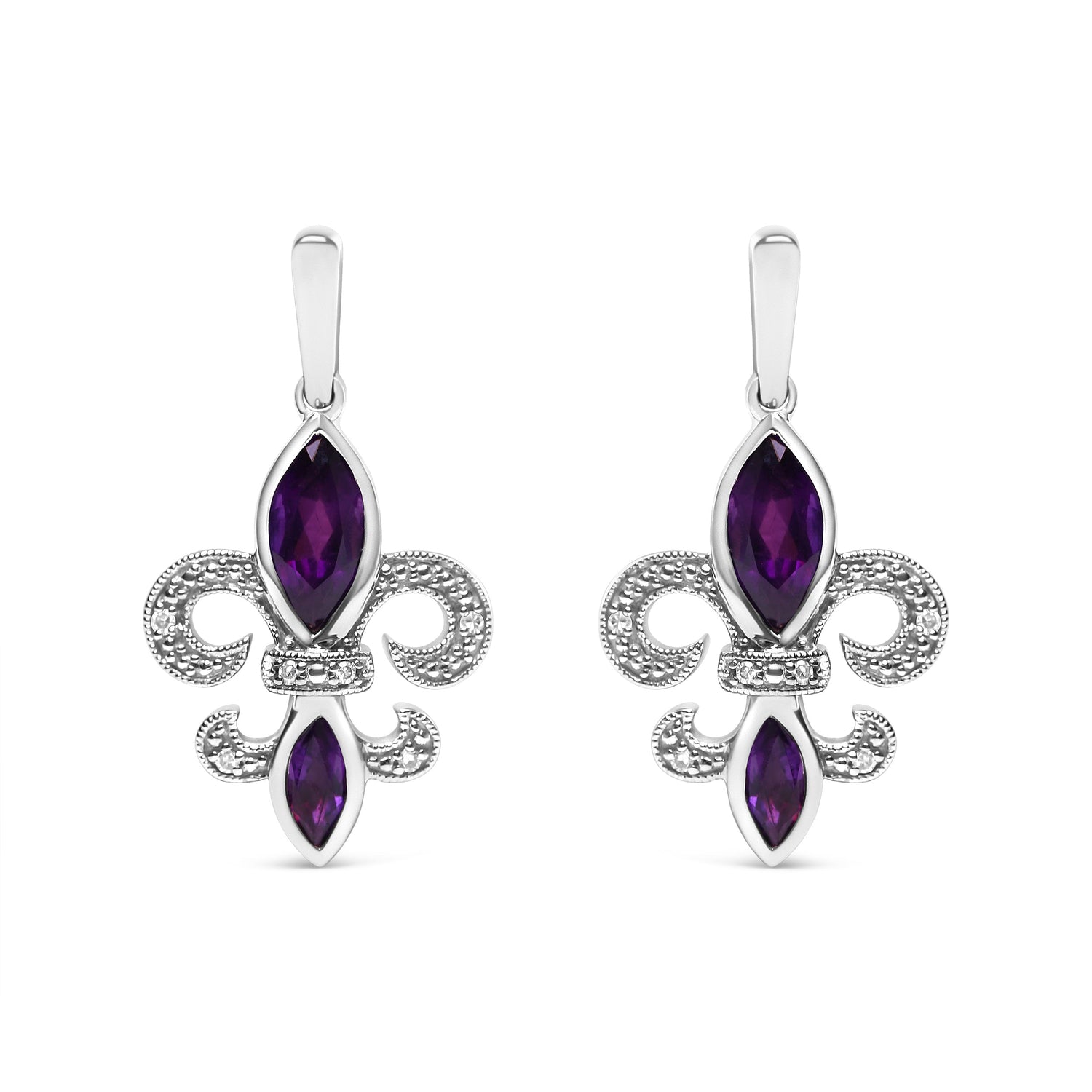 .925 Sterling Silver Marquise Cut Amethyst and Diamond Accent Fleur De Lis Dangle Stud Earrings (H-I Color, SI1-SI2 Clarity)  DestGlow