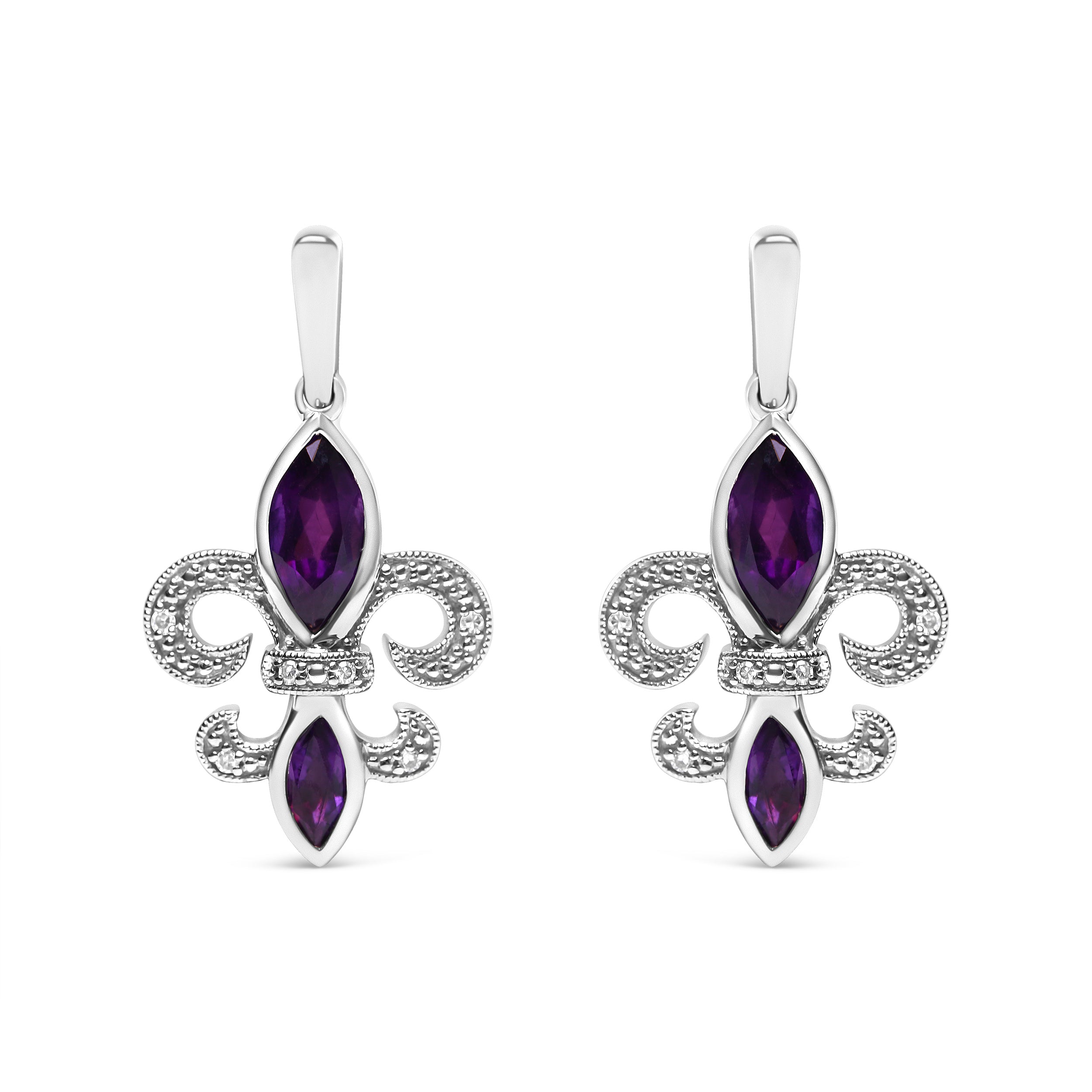 .925 Sterling Silver Marquise Cut Amethyst and Diamond Accent Fleur De Lis Dangle Stud Earrings (H-I Color, SI1-SI2 Clarity)  DestGlow