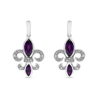 .925 Sterling Silver Marquise Cut Amethyst and Diamond Accent Fleur De Lis Dangle Stud Earrings (H-I Color, SI1-SI2 Clarity)  DestGlow