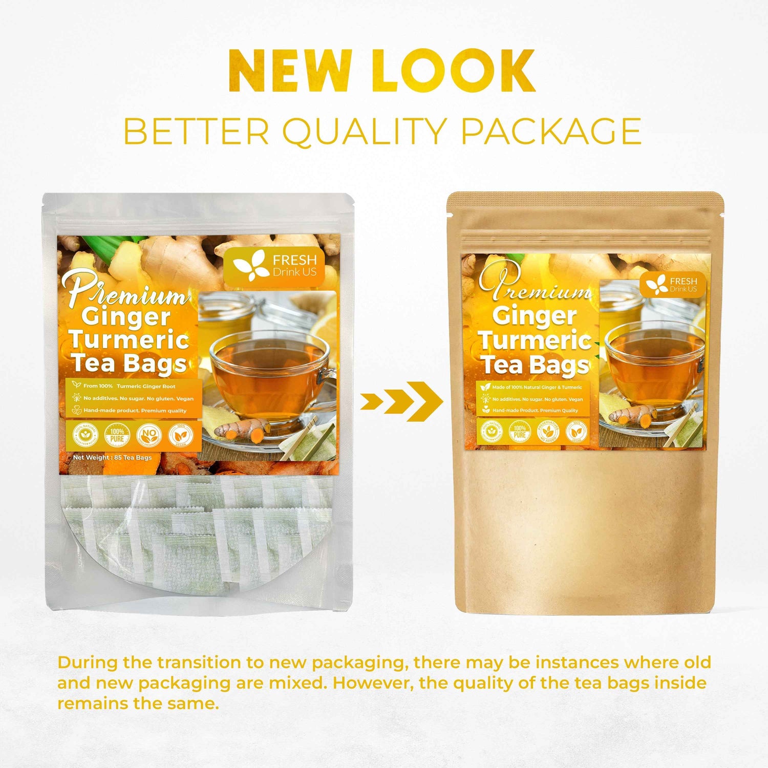 Premium Ginger Turmeric Tea Bags, Hand-made Blend of Ginger and Turmeric Herbal Tea, Eco-conscious Tea Bags. No Sugar, No Caffeine, No Gluten, Vegan.