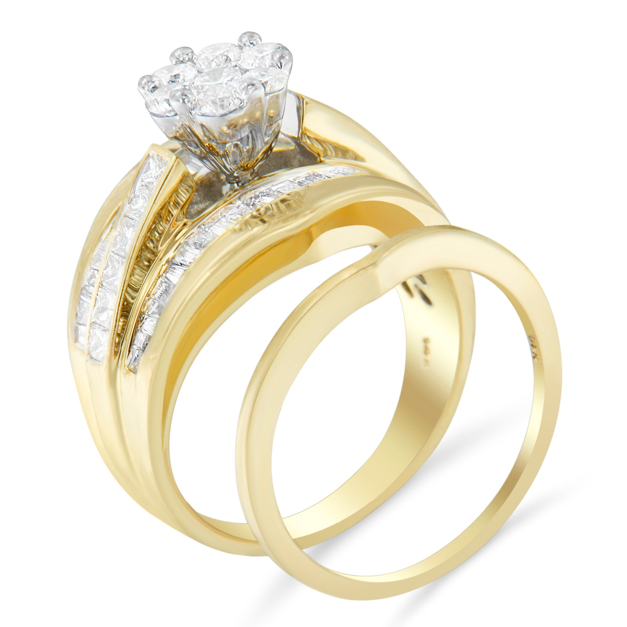 14K Yellow Gold 2-1/3 Cttw Diamond Cluster Channel Set Chevron Shaped Band Engagement Ring &amp; Wedding Band Set