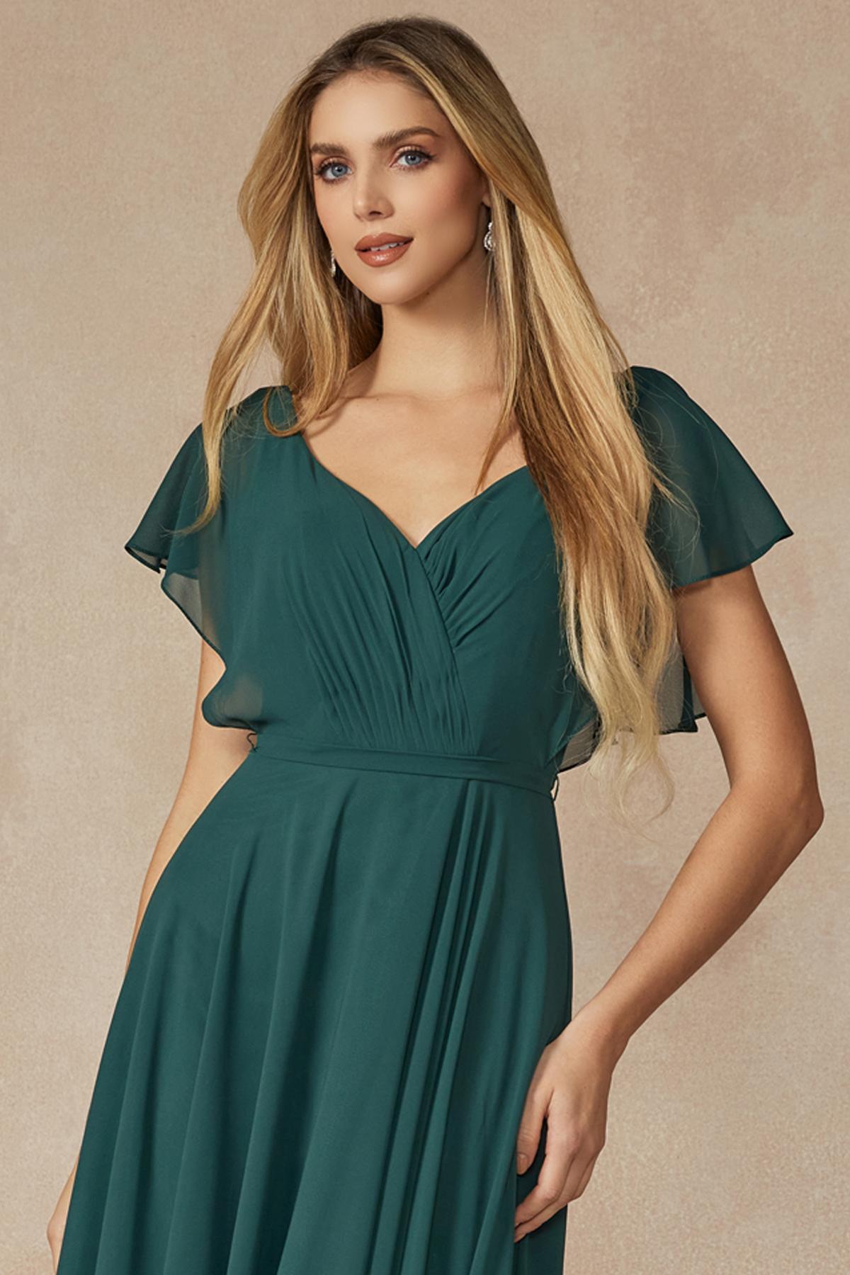Juliet 261 Flutter Sleeve Formal Dress Cascade Back by DiscountDressShop