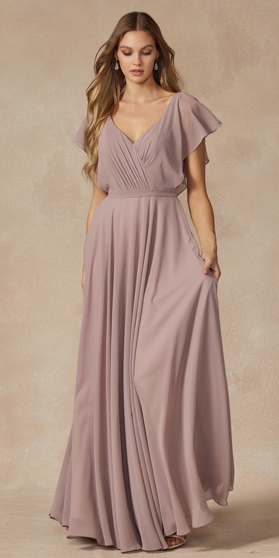 Juliet 261 Flutter Sleeve Formal Dress Cascade Back by DiscountDressShop