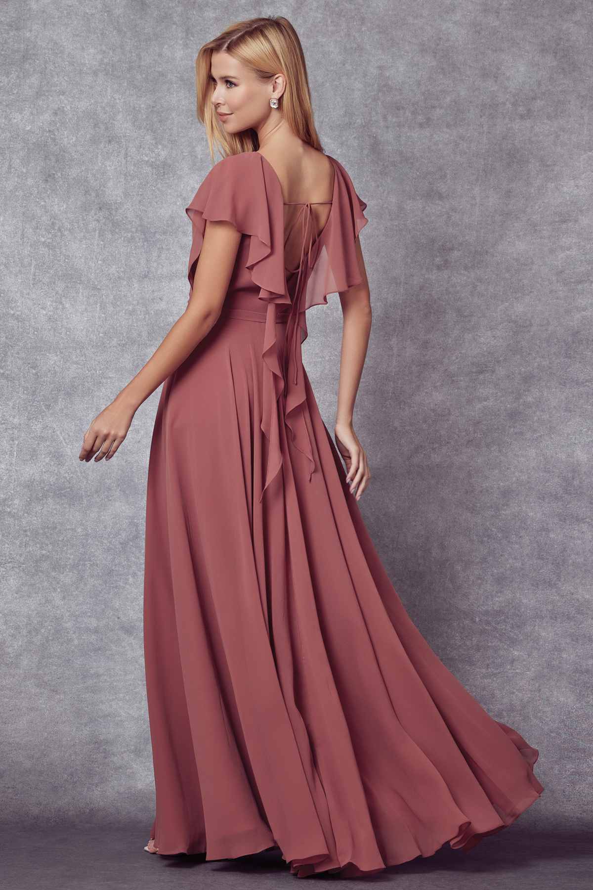 Juliet 261 Flutter Sleeve Formal Dress Cascade Back by DiscountDressShop