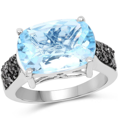 3.96 Carat Genuine Baby Swiss Blue Topaz and Black Diamond .925 Sterling Silver Ring by Bids.com