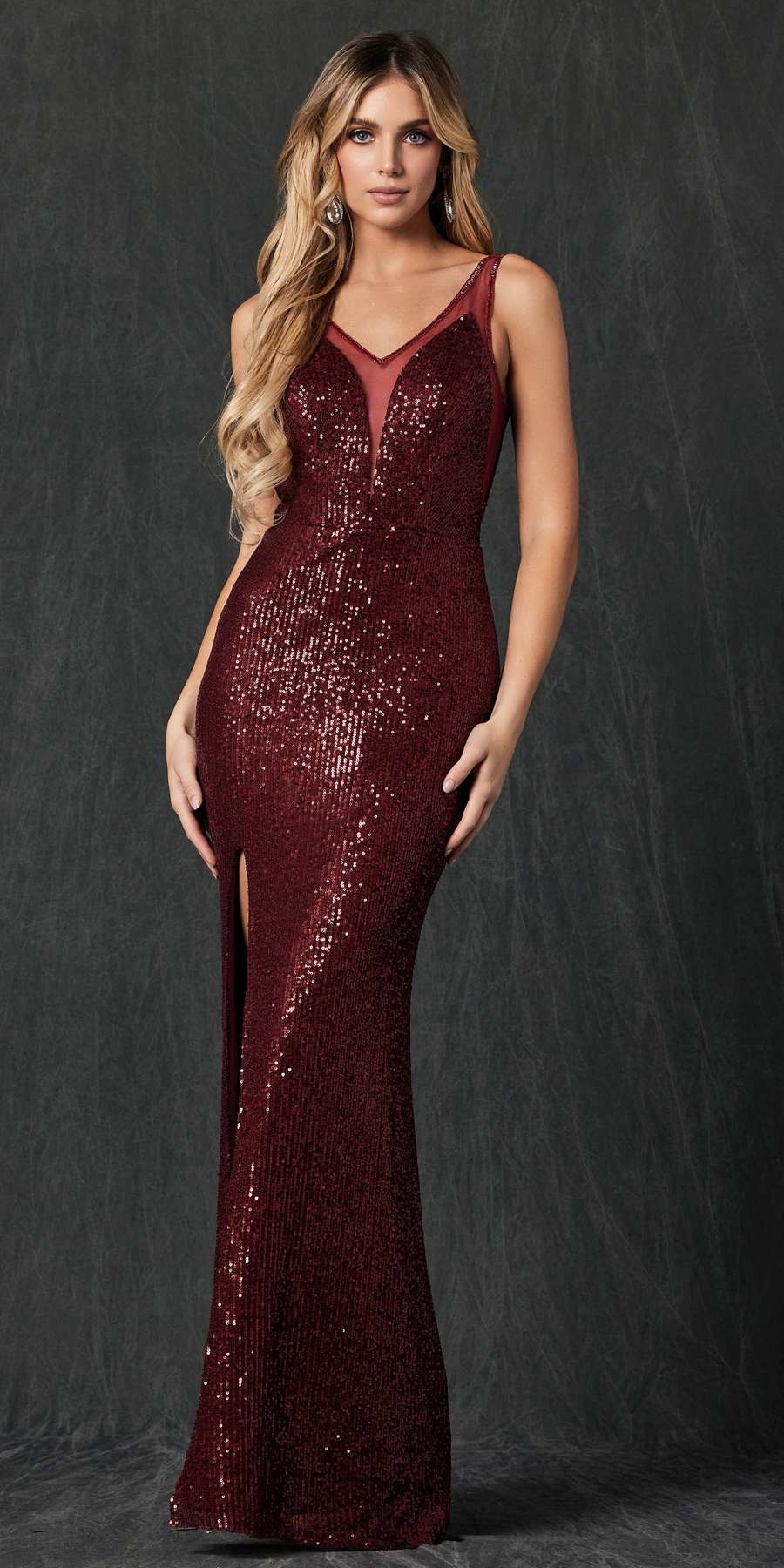 Juliet 264 Long Fitted Sequin Dress Sheer Sides by DiscountDressShop