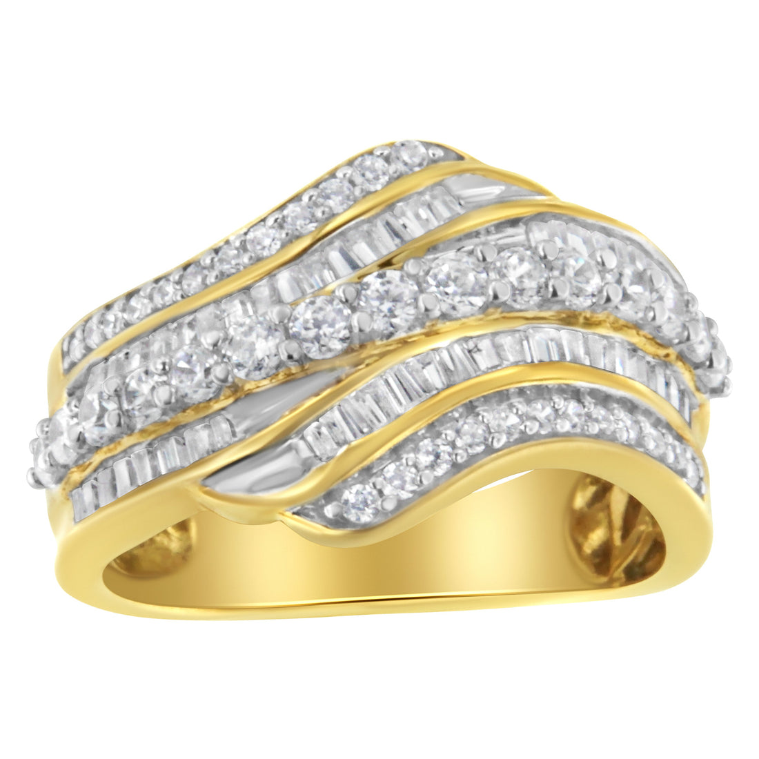 10K Yellow Gold 1.0 Cttw Baguette and Round Diamond Multi-Row Wave Bypass Ring (I-J Color, I1-I2 Clarity) - Ring Size 7 by Bids.com