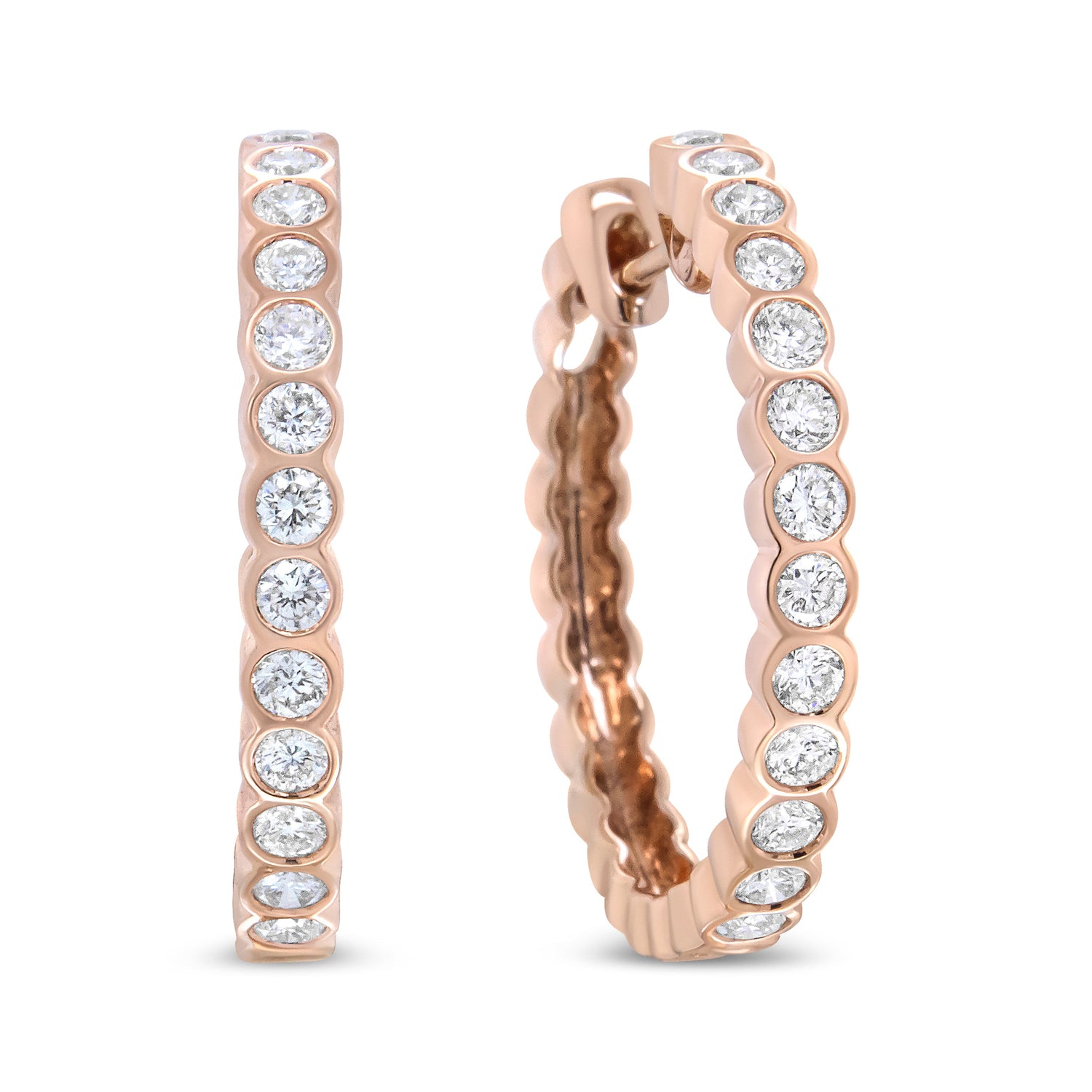 18K Rose Gold 1 Cttw Round Bezel-Set Diamond Hoop Earrings (F-G Color, VS1-VS2 Clarity) by Bids.com