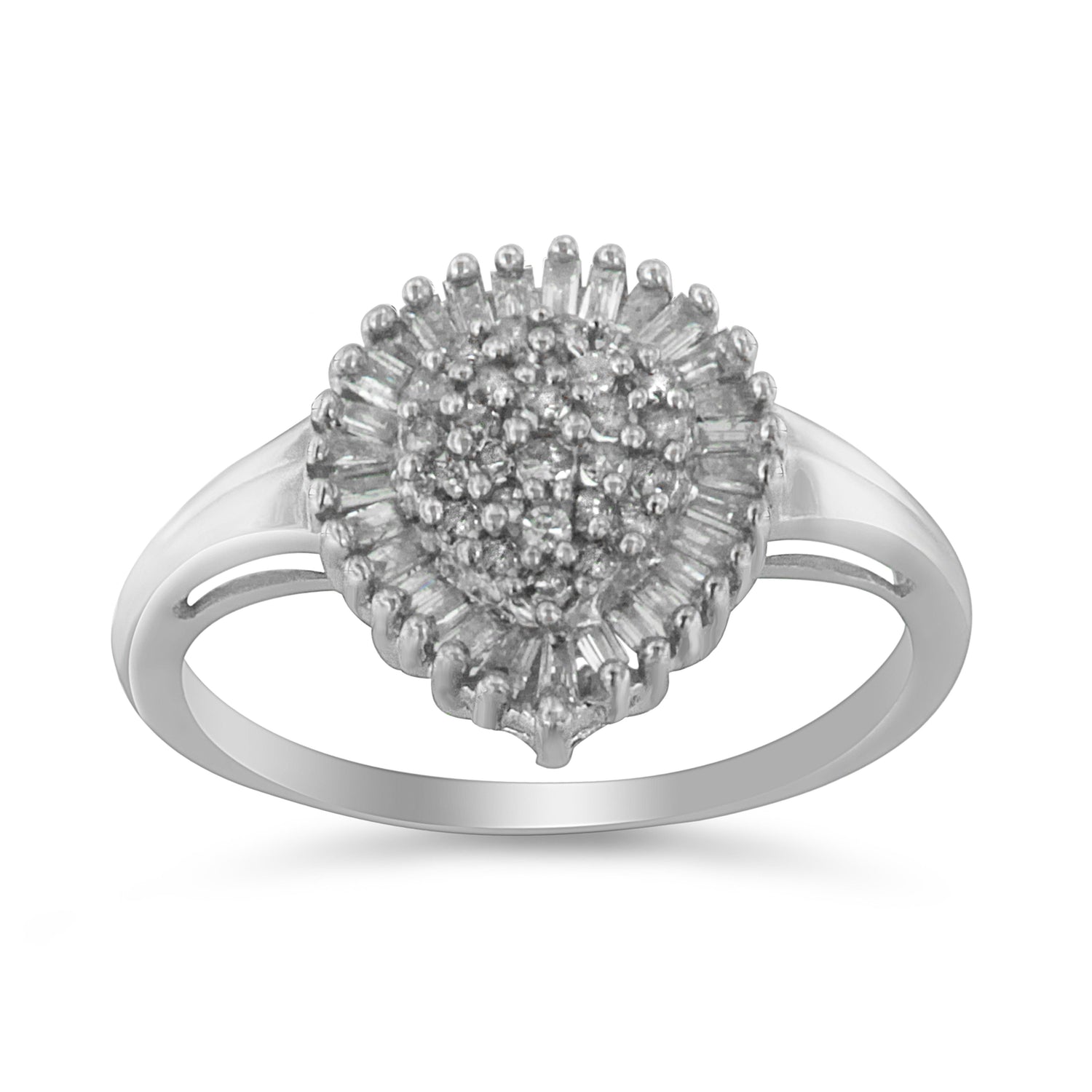 10K White Gold 1/2 Cttw Round &amp; Baguette Cut Diamond Pear Shaped Domed PavÃ© Cluster with Halo Cocktail Ring (H-I Color, SI1-SI2 Clarity) - Size 5 by Bids.com