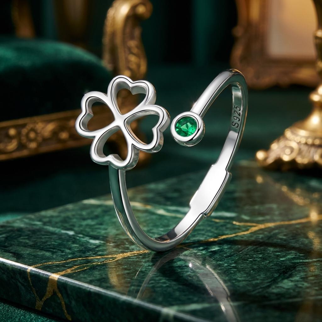 925 Sterling Silver Four-Leaf Clover Ring with Pavé CZ - 0.15cm Width by Bids.com