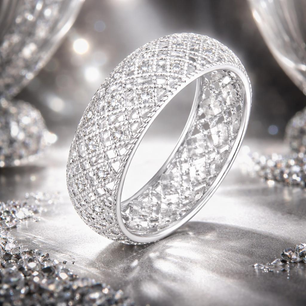 925 Sterling Silver &amp; Platinum Plated Pavé CZ Ring Size 6 for Women by Bids.com
