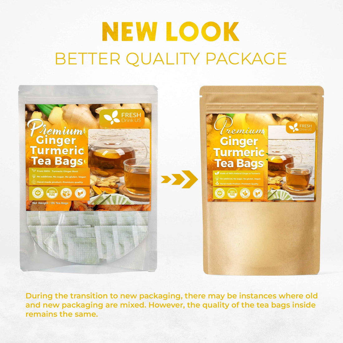 Premium Ginger Turmeric Tea Bags, Hand-made Blend of Ginger and Turmeric Herbal Tea, Eco-conscious Tea Bags. No Sugar, No Caffeine, No Gluten, Vegan.