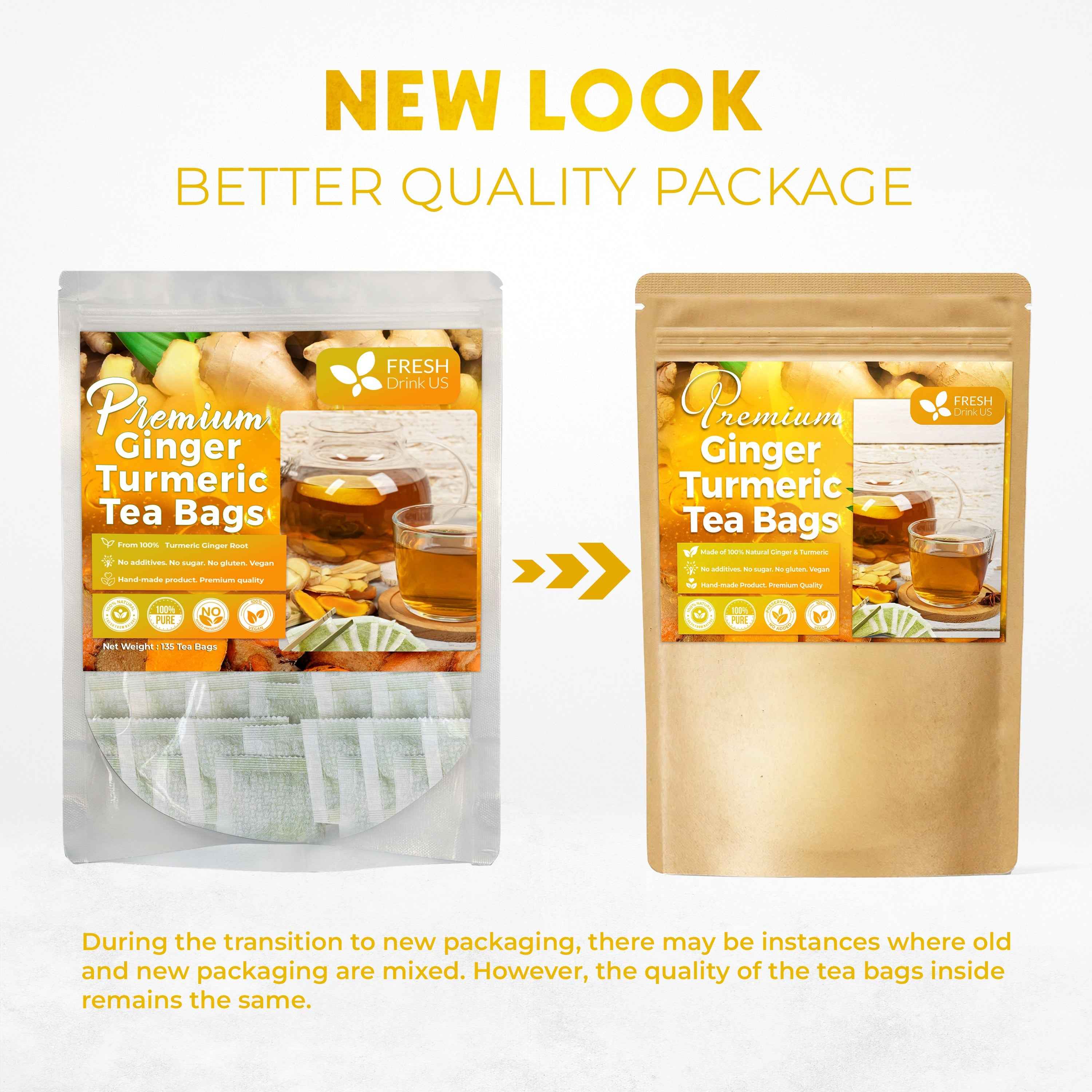 Premium Ginger Turmeric Tea Bags, Hand-made Blend of Ginger and Turmeric Herbal Tea, Eco-conscious Tea Bags. No Sugar, No Caffeine, No Gluten, Vegan.