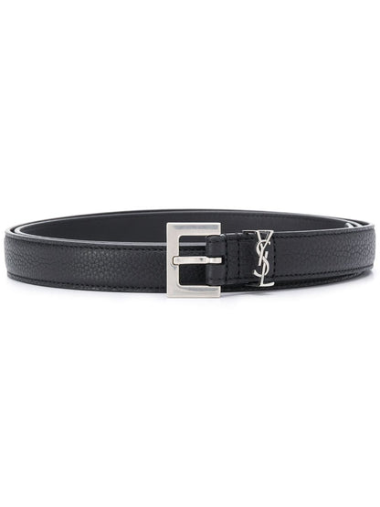 Saint Laurent Men Grained Leather Cassandre Thin Belt With Square Buckle by Luosophy