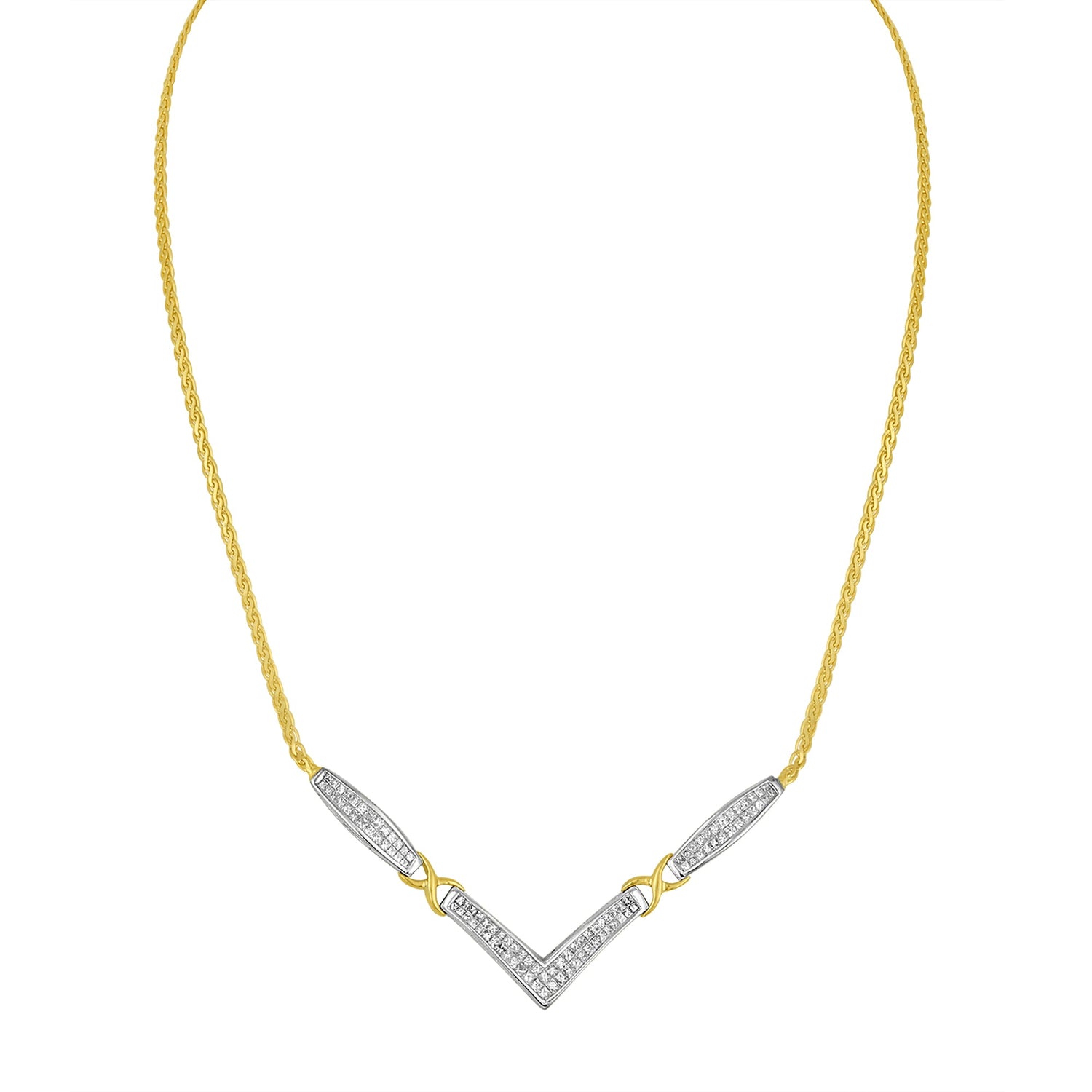 14K Yellow and White Gold 2.0 Cttw Princess Cut Diamond Flared and X-Station V Shaped 18â€ Franco Chain Statement Necklace (H-I Color, SI2-I1 Clarity) by Bids.com