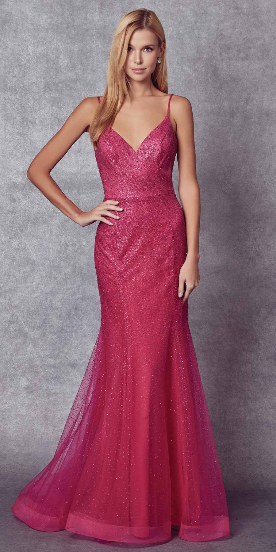 Juliet 271 Glitter Mesh Fitted Evening Gown by DiscountDressShop
