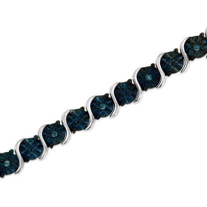 .925 Sterling Silver 1/10 Cttw Miracle-Set Treated Blue Color Diamond Miracle Plate "S" Link Tennis Bracelet (Blue Color, I2- I3 Clarity) - 7.25" by Bids.com