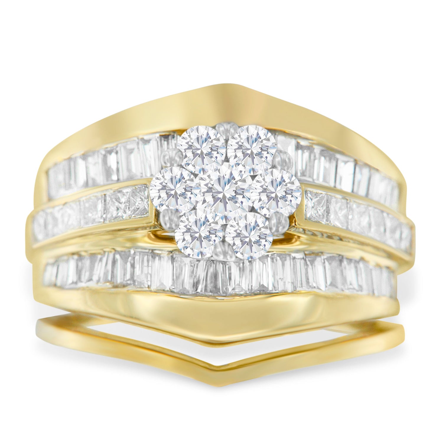 14K Yellow Gold 2-1/3 Cttw Diamond Cluster Channel Set Chevron Shaped Band Engagement Ring &amp; Wedding Band Set