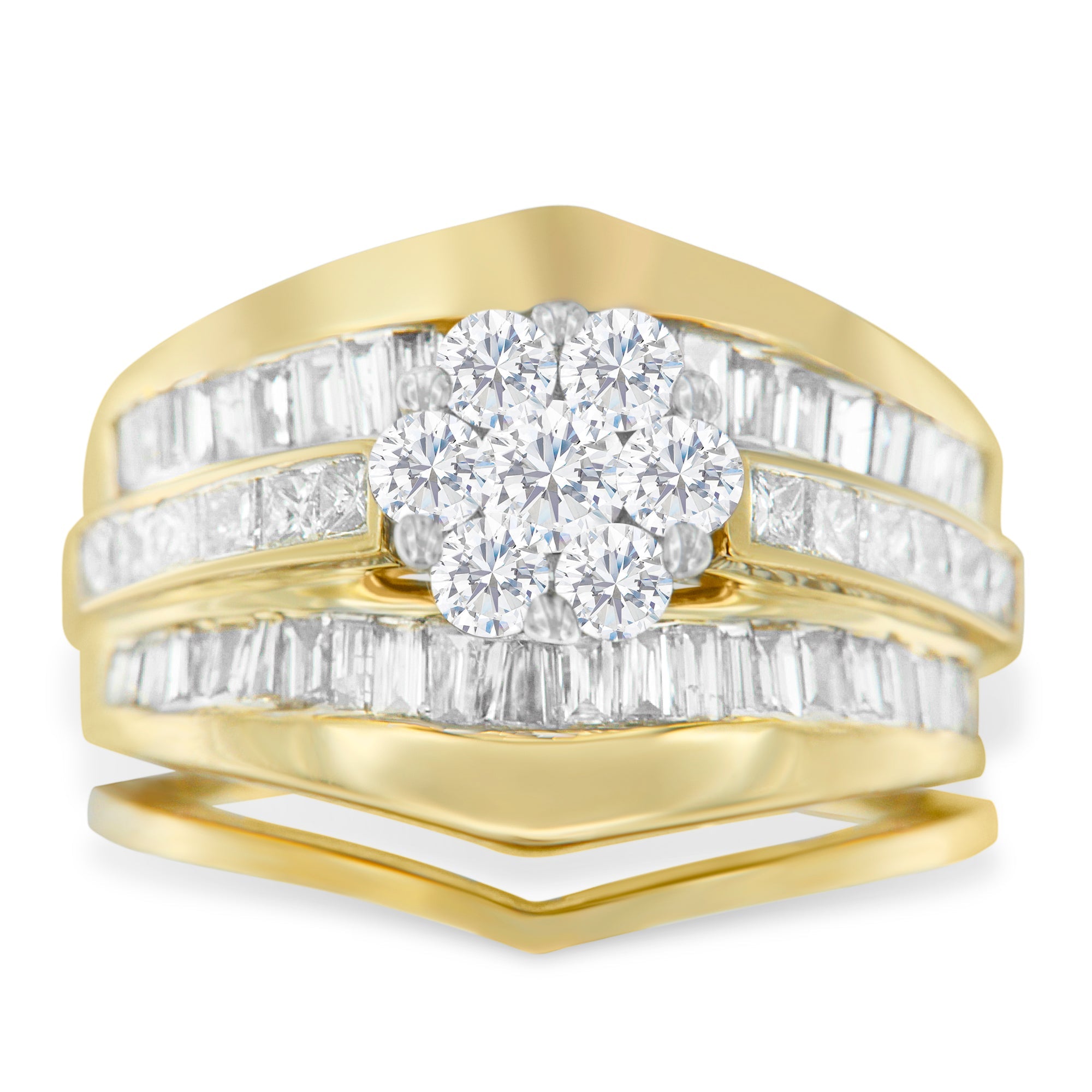 14K Yellow Gold 2-1/3 Cttw Diamond Cluster Channel Set Chevron Shaped Band Engagement Ring &amp; Wedding Band Set