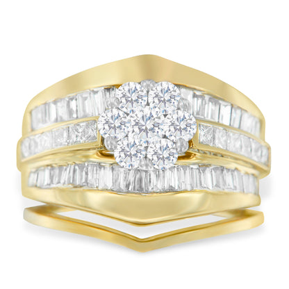 14K Yellow Gold 2-1/3 Cttw Diamond Cluster Channel Set Chevron Shaped Band Engagement Ring &amp; Wedding Band Set