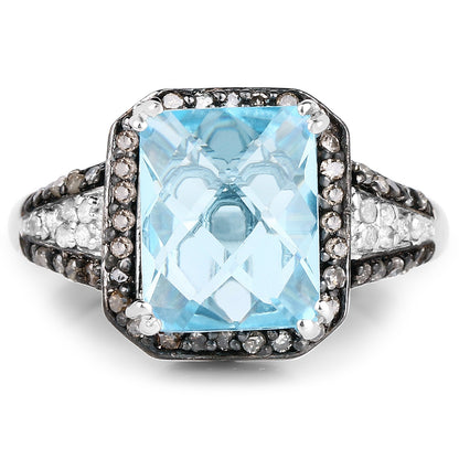 4.33 Carat Genuine Swiss Blue Topaz, Champagne Diamond &amp; White Diamond .925 Sterling Silver Ring by Bids.com
