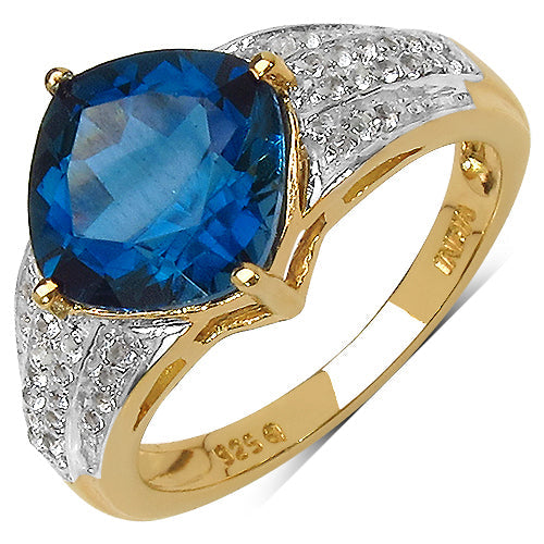 18K Yellow Gold Plated 3.83 Carat Genuine London Blue Topaz &amp; White Topaz .925 Sterling Silver Ring by Bids.com