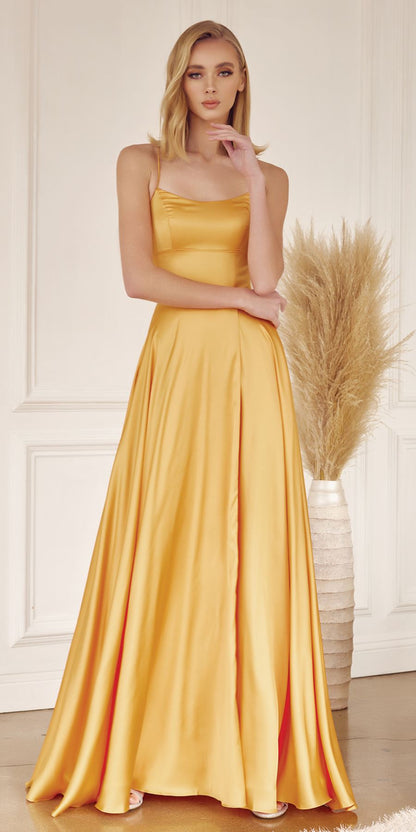 Juliet 278 Formal A-Line Satin Gown with Side Pockets by DiscountDressShop