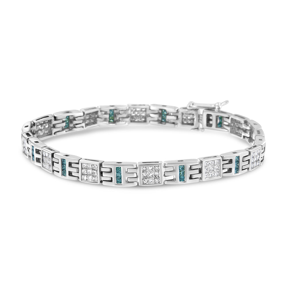 14K White Gold Princess-Cut white and Blue Diamond 3.00 cttw Fashion Link Bracelet (H-I Color, SI1-SI2 Clarity) by Bids.com