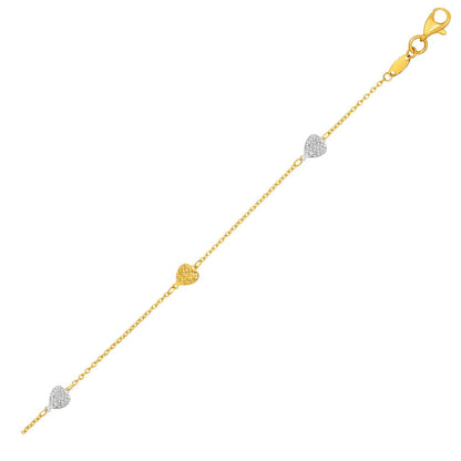 14k Two-Toned Yellow and White Gold Anklet with Textured Hearts by Bids.com